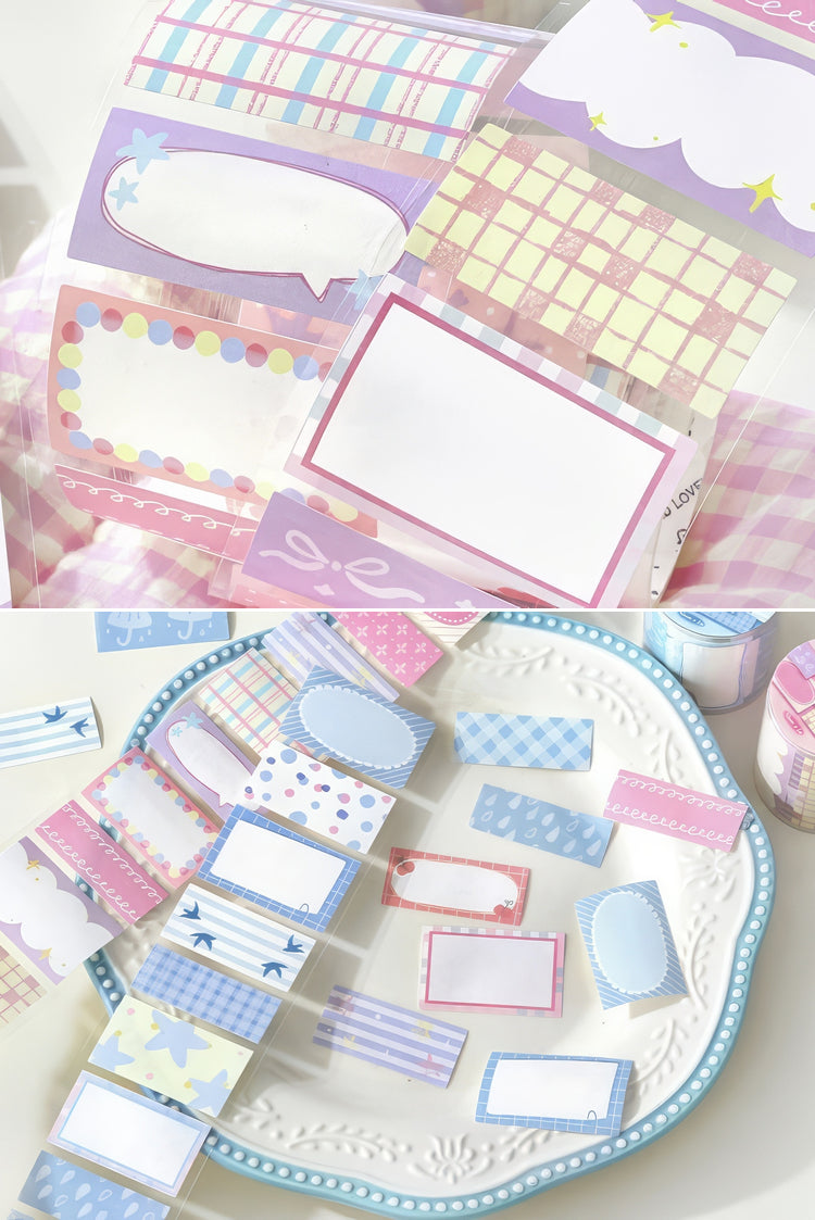 Pastelcolored sticker sheets with plaid polka dots and speech bubble designs on glossy paper arranged on a plate