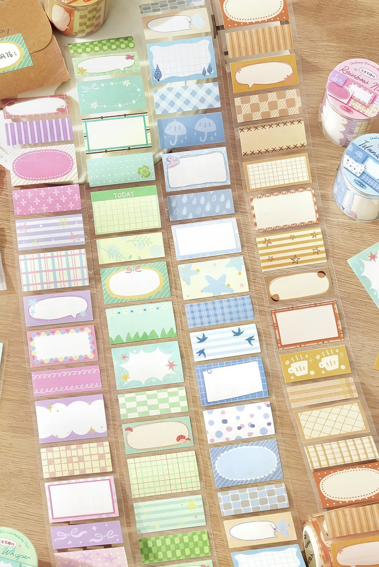 Colorful decorative sticky notes featuring pastel patterns stripes grids and whimsical illustrations on a wooden table