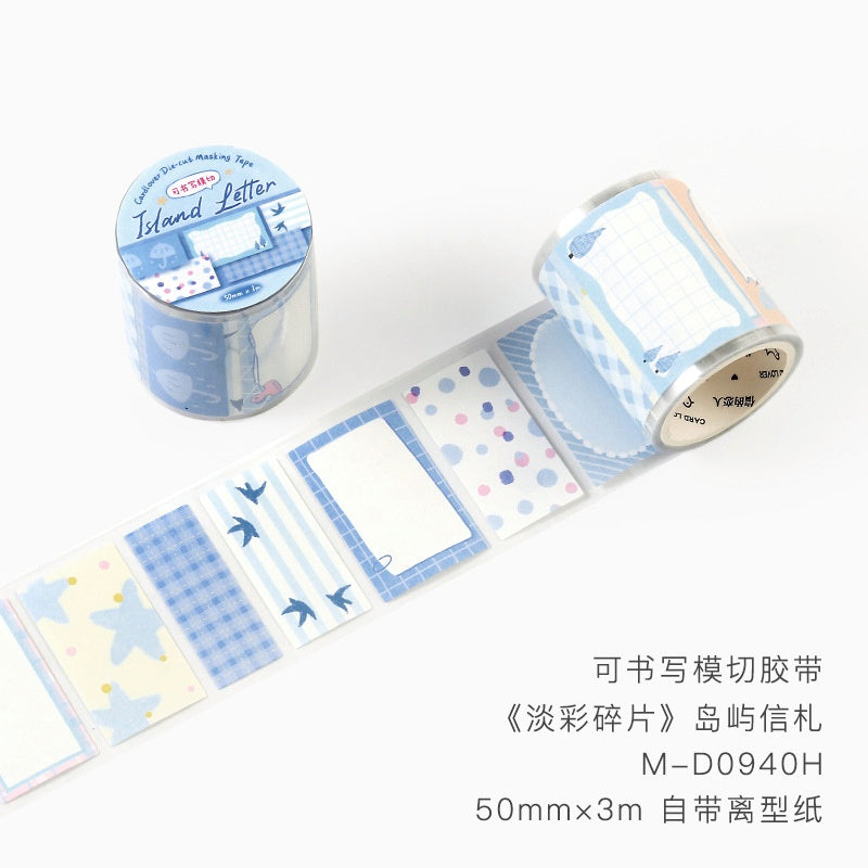 Pastel blue and white washi tape roll with grid bird and polka dot designs featuring a peelable sticker format