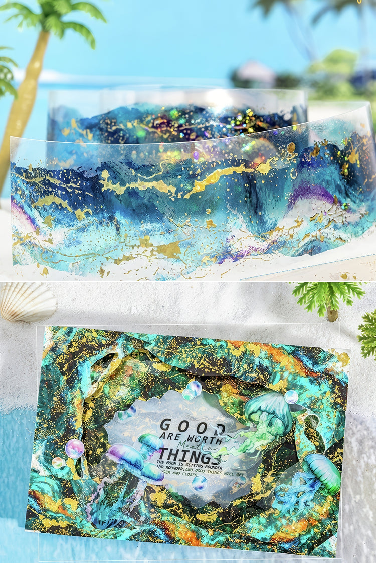 Transparent resin bookmarks with oceaninspired designs featuring blue gold and green accents seashells and glitter