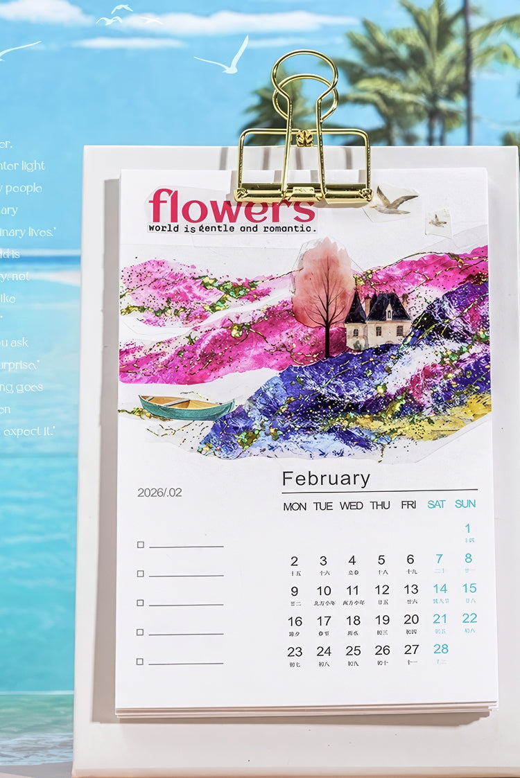 Vibrant February calendar with watercolor floral landscape gold clip and scenic pink purple and blue tones