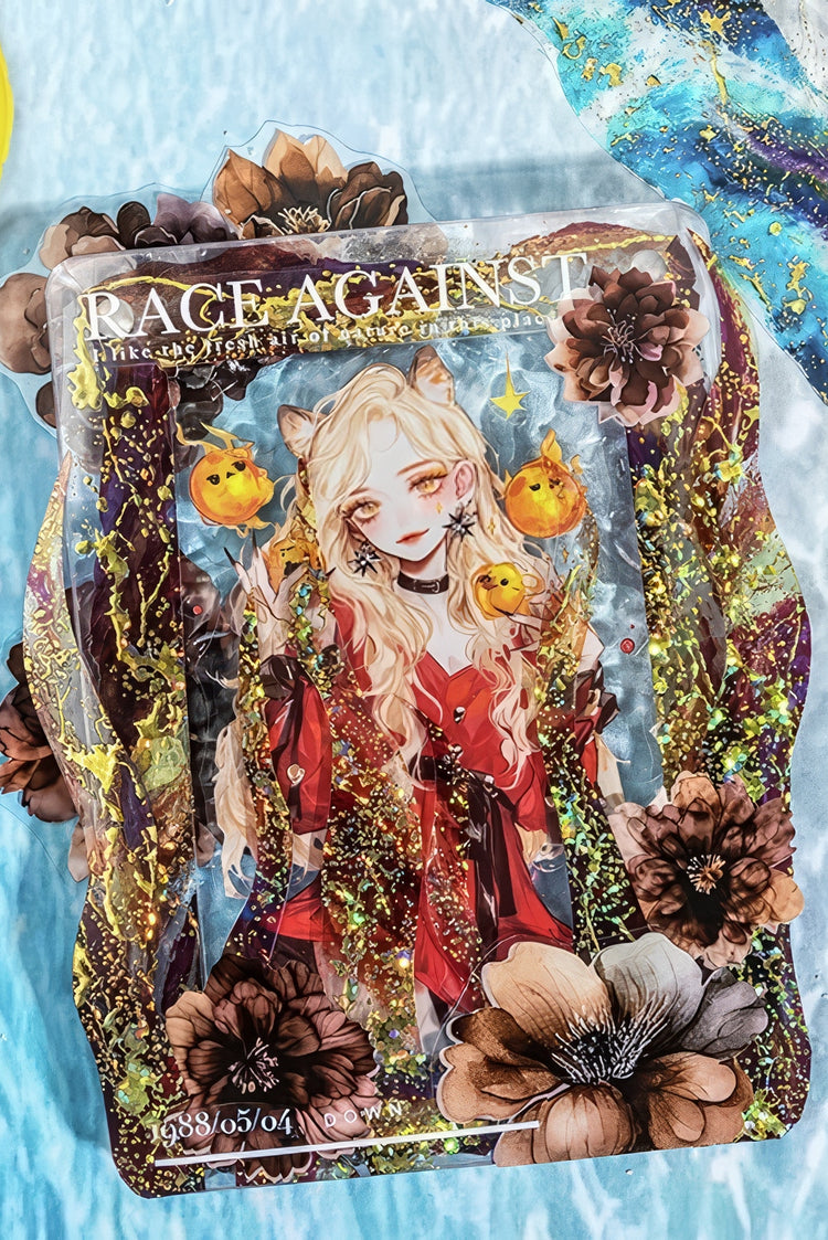 Glittery animestyle artwork of a blonde girl in a red dress surrounded by pumpkins dark flowers and gold accents