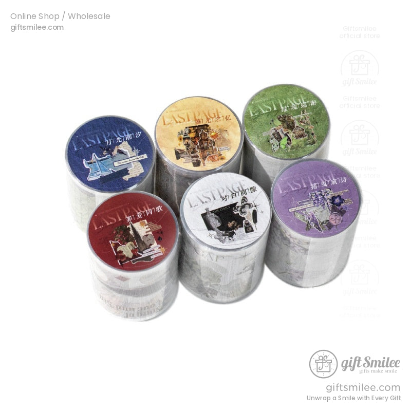 Set of six decorative adhesive tape rolls in blue red yellow green purple and white with vintagestyle prints