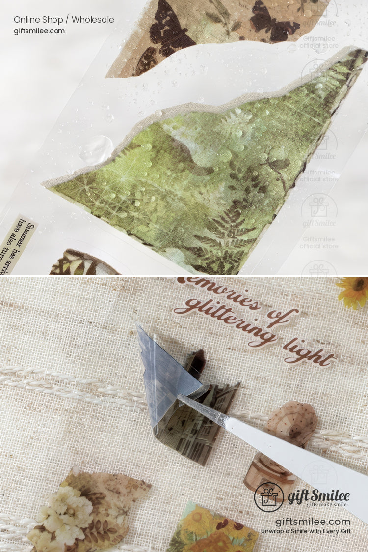 Transparent sticker sheets with green botanical patterns vintage butterflies and floral designs on a textured fabric backdrop