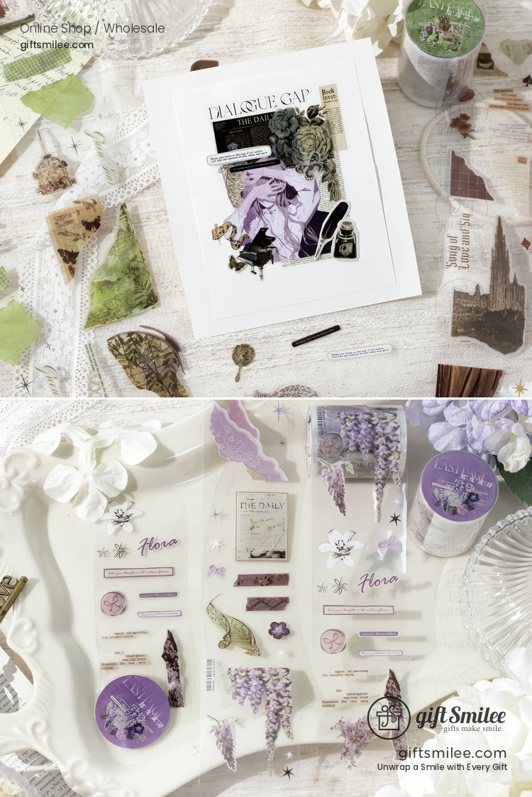 Vintage stationery set with lavender floral stickers translucent washi tape ornate paper cutouts and delicate decor