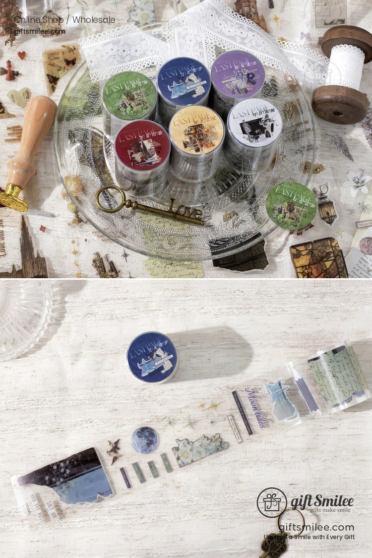 Decorative washi tape set with vintage travel themes pastel colors and intricate designs on a rustic background