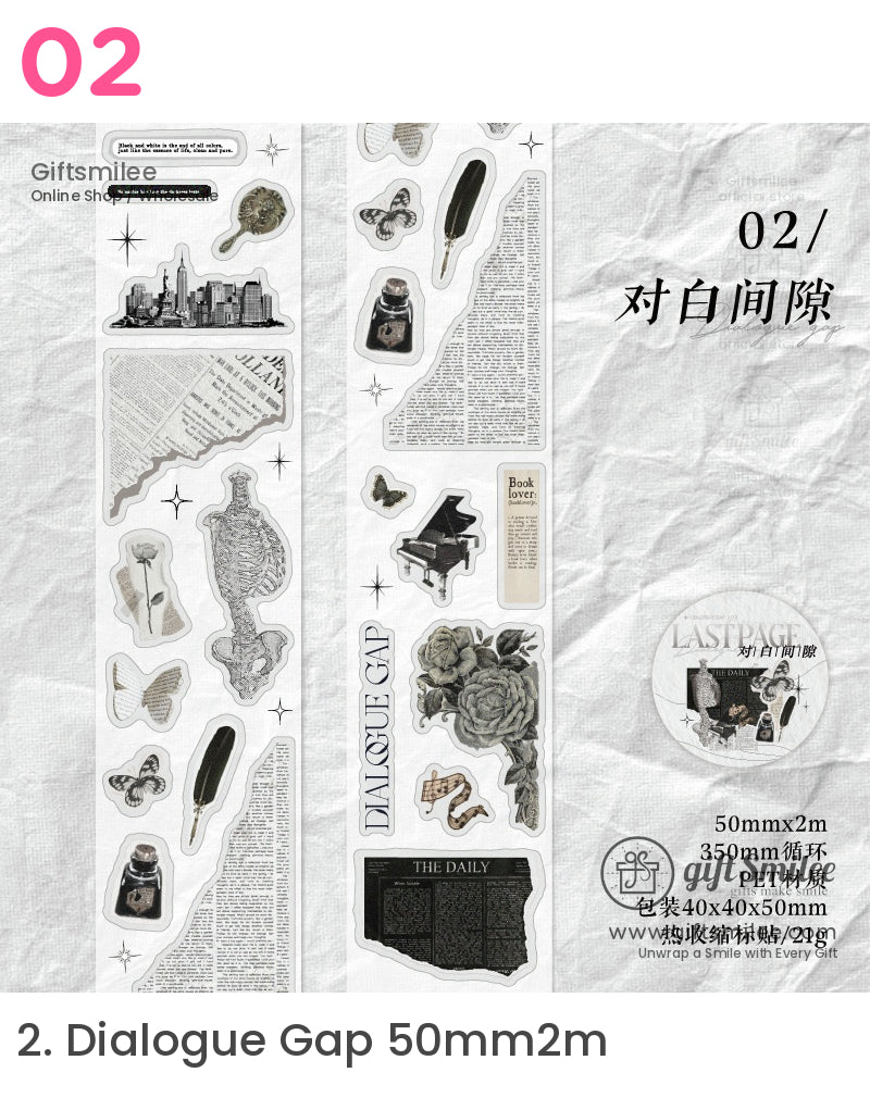 Vintagestyle PET stickers with blackandwhite illustrations of roses skeletons butterflies piano and quill pens