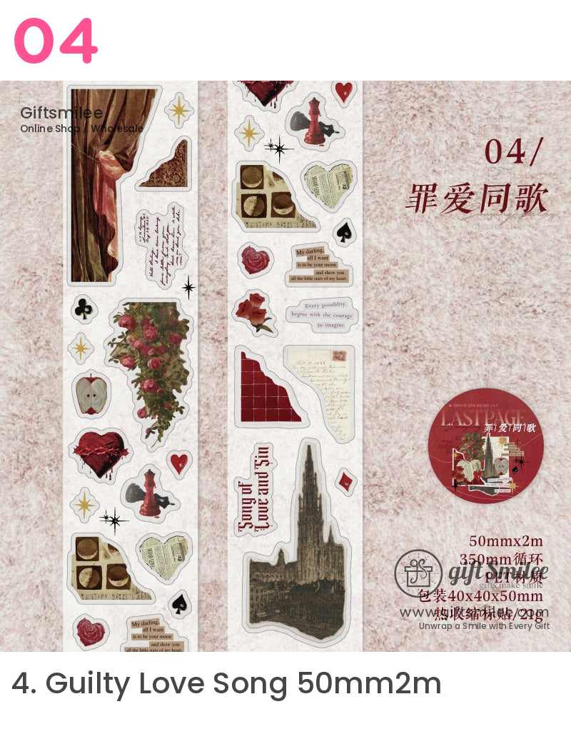 Vintagestyle PET sticker set with gothic church roses chess pieces hearts and poetic text details in red and beige