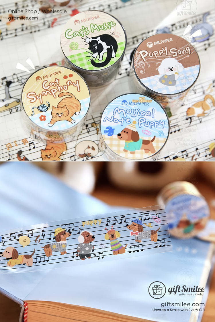 Decorative washi tape set with playful dog and cat designs pastel tones musical note patterns and cartoon illustrations