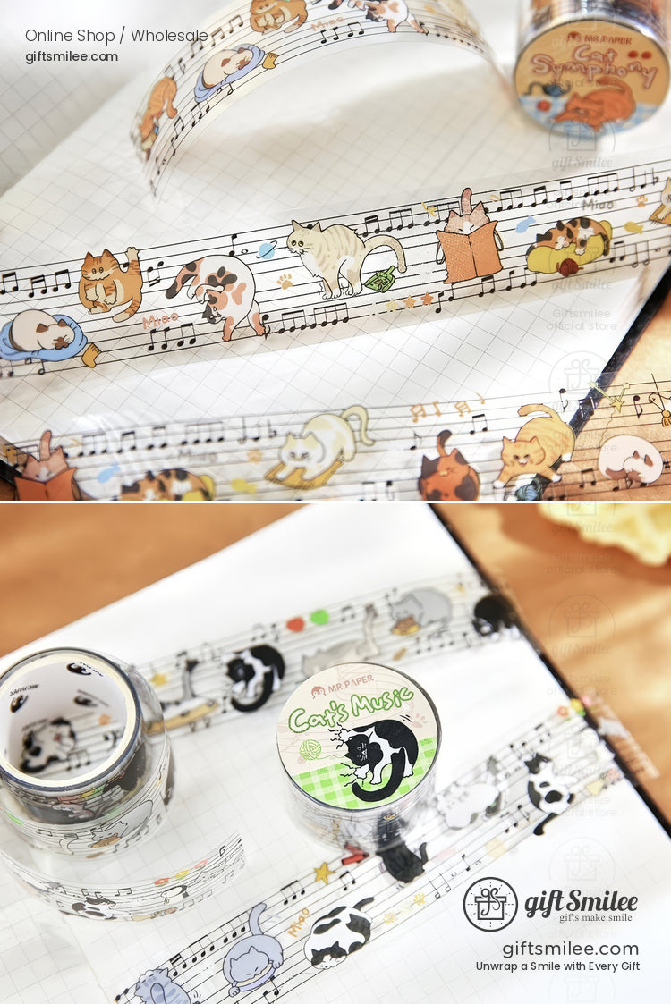 Decorative washi tape with playful cats on a musical staff vibrant colors glossy finish perfect for journaling