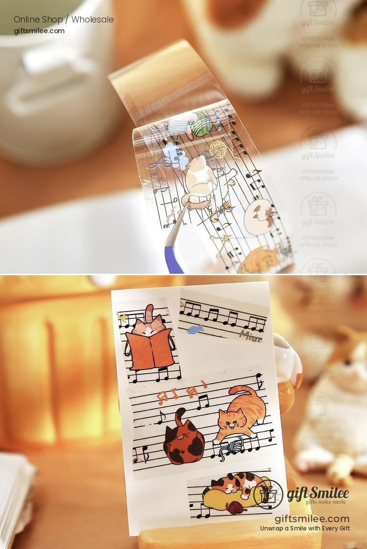 Transparent decorative tape with playful cat illustrations musical notes and warm tones perfect for crafts and stationery