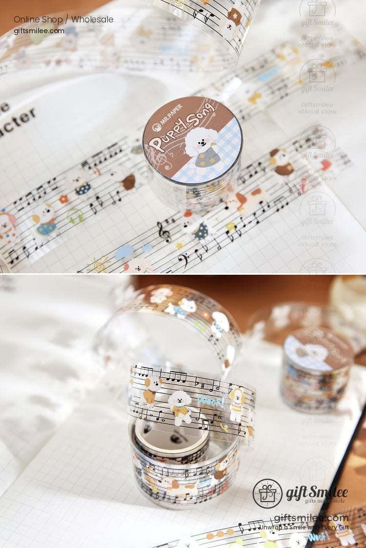 Transparent decorative tape with musical notes colorful cartoon animals and a brown Puppy Song themed label