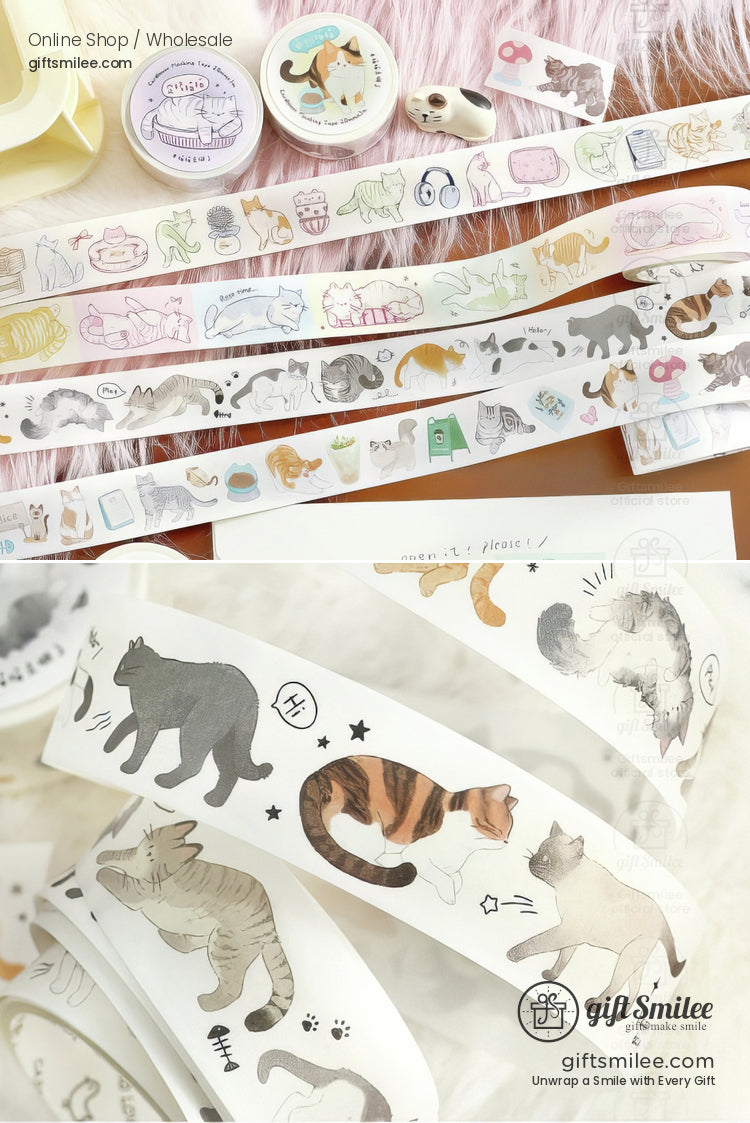 Decorative catthemed washi tape rolls with pastel illustrations of playful cats paw prints and pet accessories
