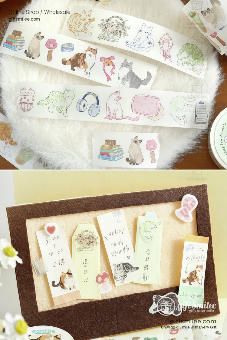 Decorative catthemed washi tape with pastel illustrations of cats books headphones and accessories on white fur