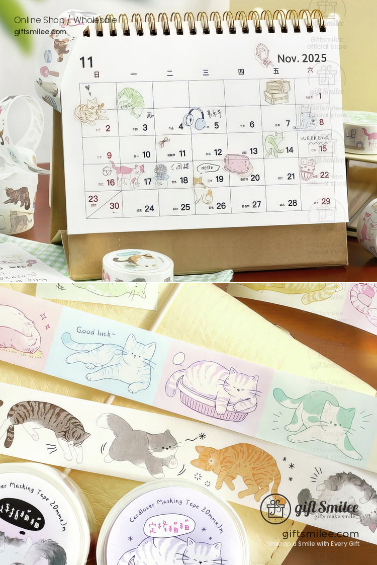 November 2025 desk calendar with cat illustrations colorful catthemed washi tape rolls and pastel stationery accents
