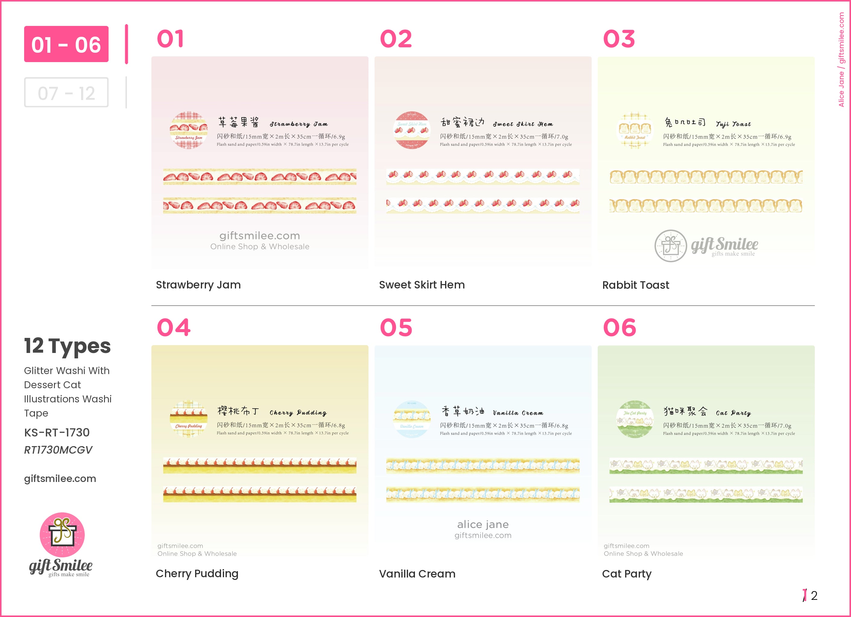 Glitter Washi With Dessert Cat Illustrations Washi Tape | KS-RT-1730