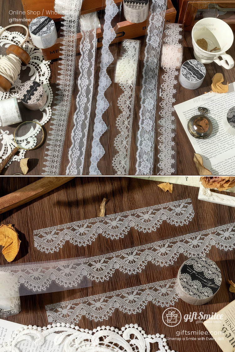 Translucent Pet Lace Border White Print Wide Roll Decorative Tape | KS-RT-1731