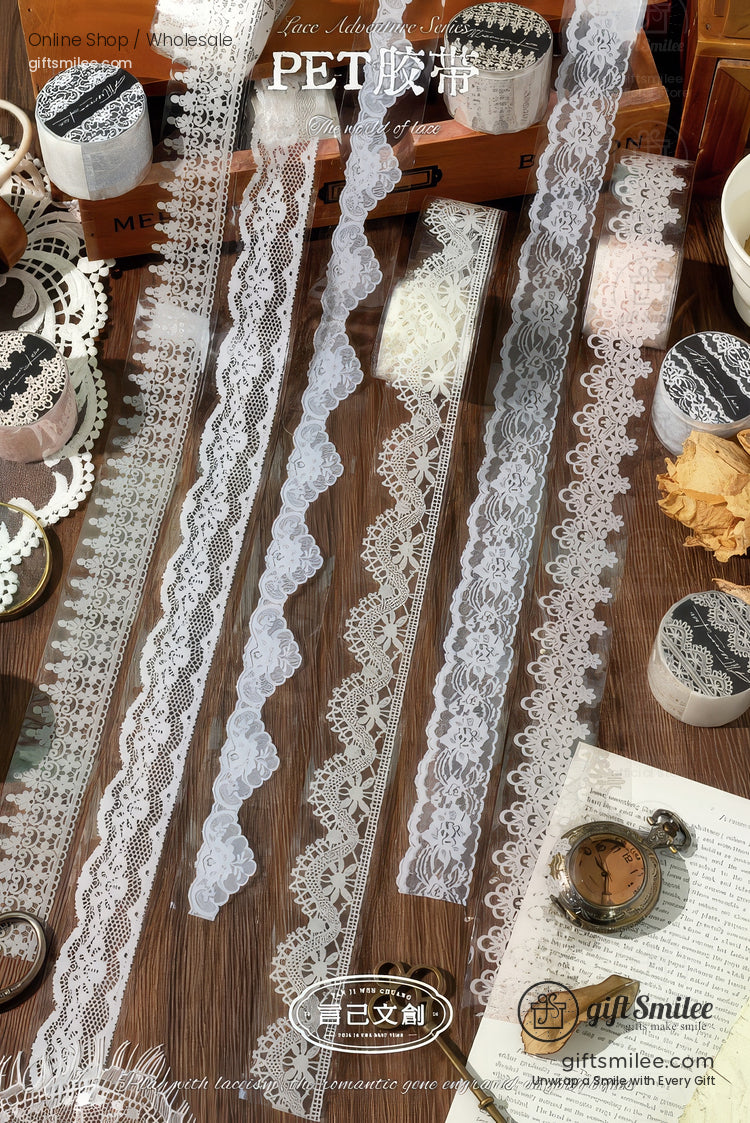 Translucent Pet Lace Border White Print Wide Roll Decorative Tape | KS-RT-1731