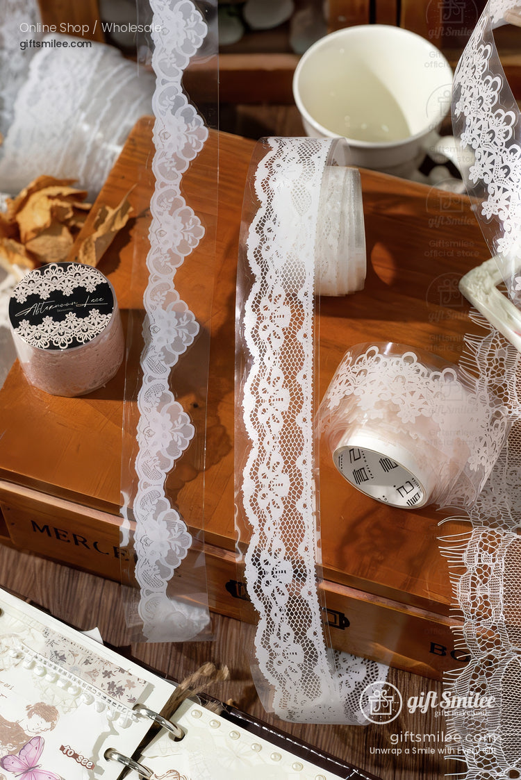 Translucent Pet Lace Border White Print Wide Roll Decorative Tape | KS-RT-1731