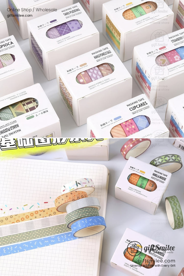 Assorted decorative washi tape sets in white packaging featuring colorful patterns like florals stripes and sprinkles