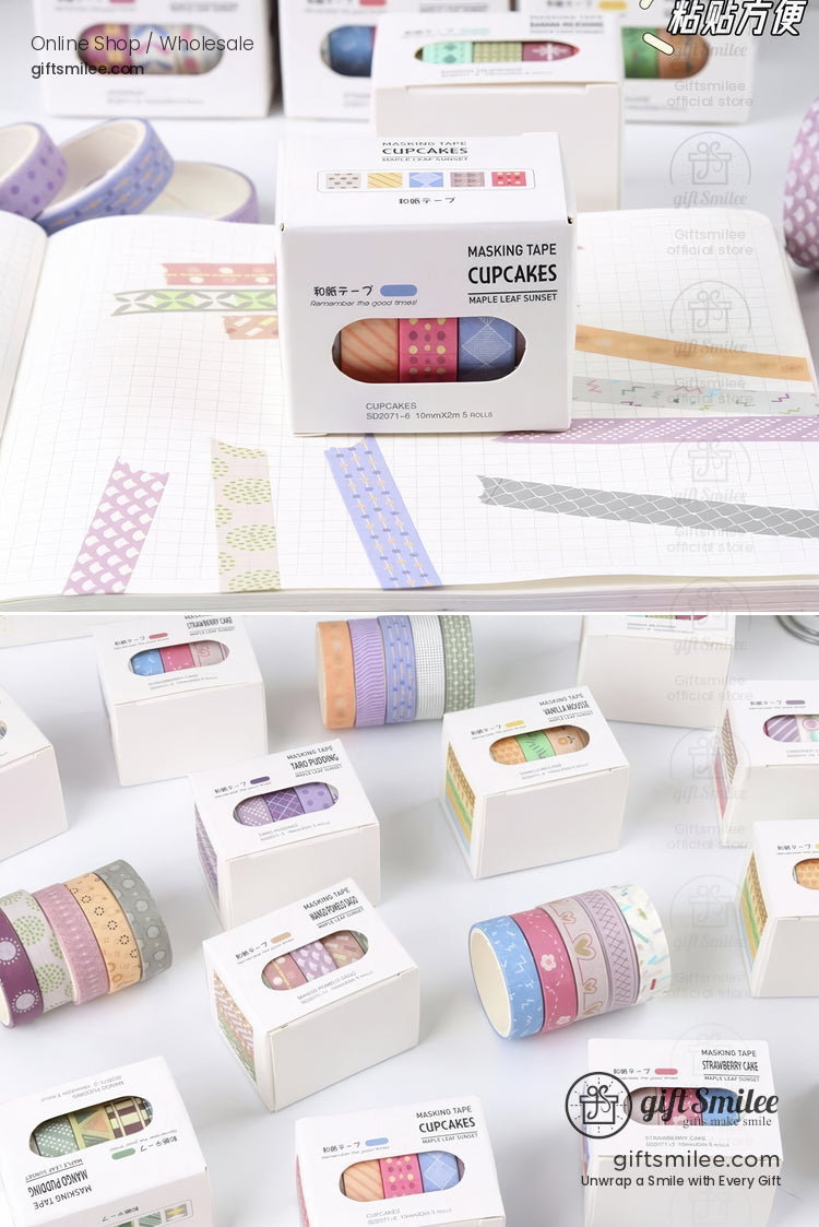 Assorted pastel masking tape rolls with patterns displayed in white packaging ideal for journaling and crafts