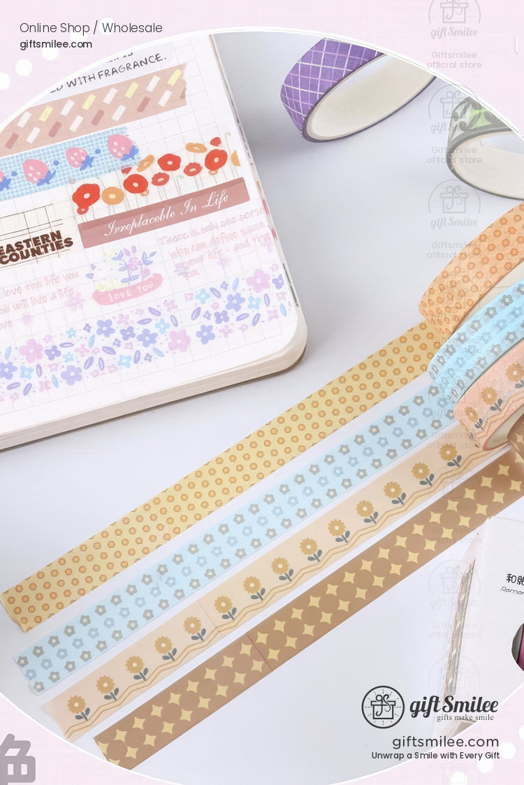 Pastel decorative washi tapes in floral polka dot and star patterns ideal for journaling or creative crafts