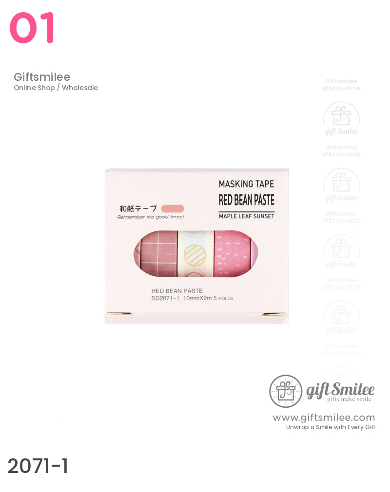 Set of five pinkthemed decorative masking tapes with geometric and patterned designs in compact packaging