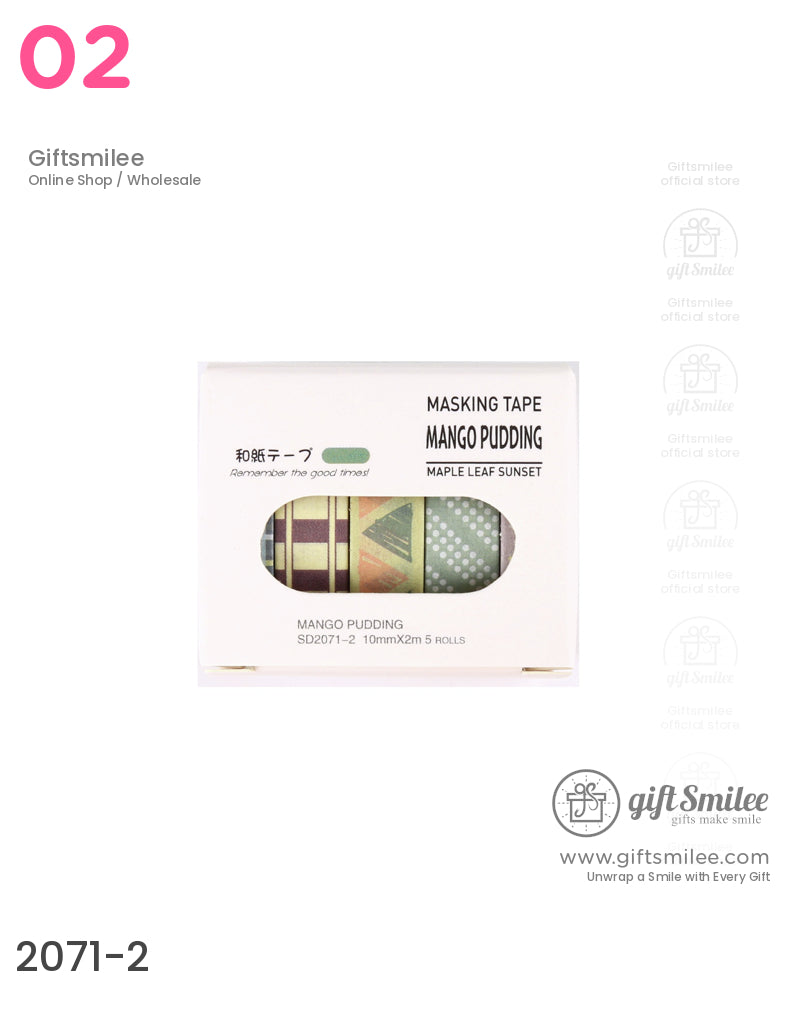 Pack of five decorative masking tapes in green yellow and orange patterns featuring stripes polka dots and geometric shapes