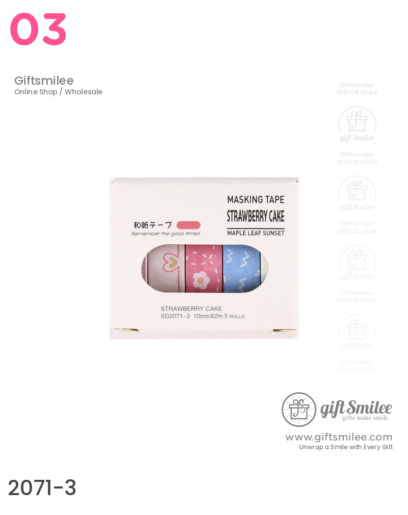 Pastel pink and blue decorative masking tapes with floral and zigzag patterns in a white Strawberry Cake box