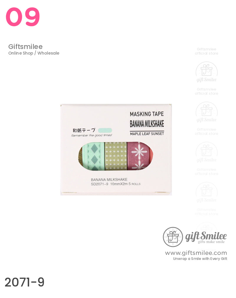 Set of five patterned masking tapes in pastel green and pink hues featuring floral geometric and minimalist designs