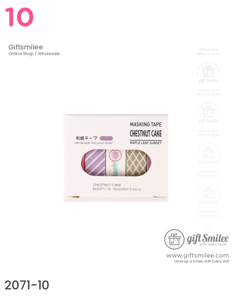 Pack of five decorative masking tapes in pastel purple pink and beige with striped floral and geometric patterns