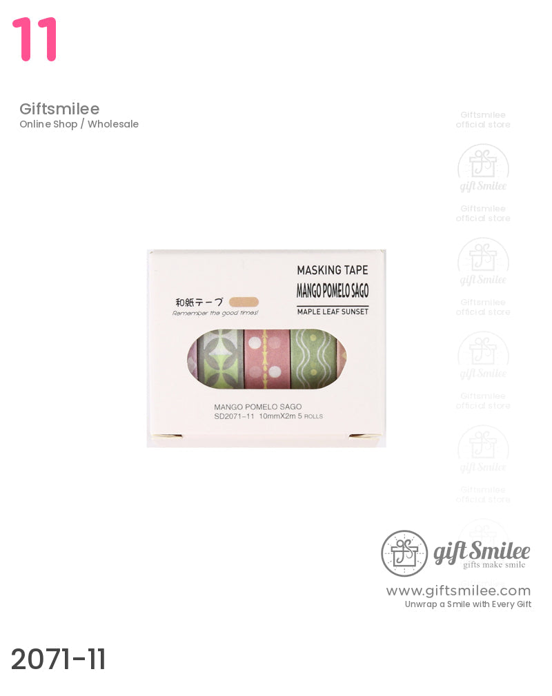 Set of five washi tapes in pink green and yellow tones with various patterns packaged in a white cardboard box