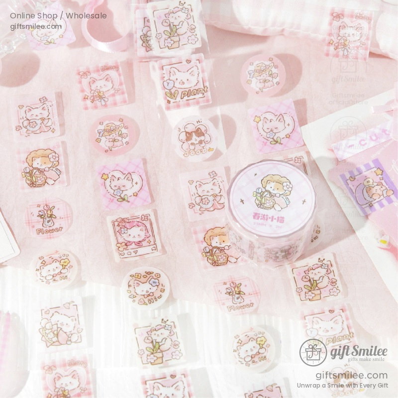 Pastel pink decorative stickers with cute cat and floral designs featuring circular and square shapes on translucent material