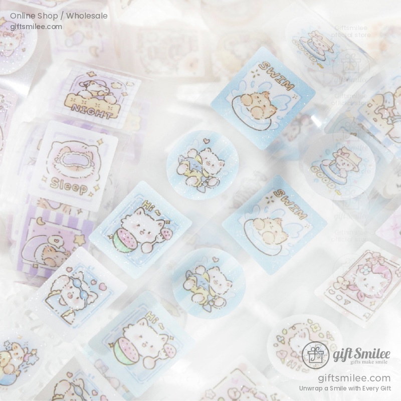 Pastel cartoon stickers featuring cats with themes like swimming sleeping and playing in soft blue and purple tones