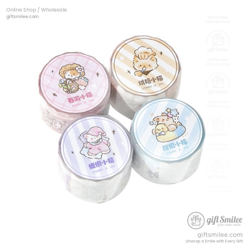 Pastelcolored washi tape rolls with cute animal illustrations striped backgrounds and playful designs in pink blue and beige