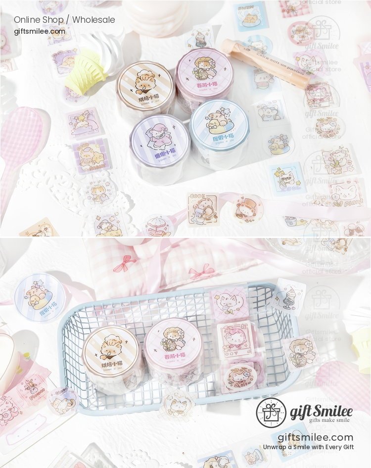 Pastelthemed stationery set with animalillustrated washi tapes decorative stickers and a blue metal basket