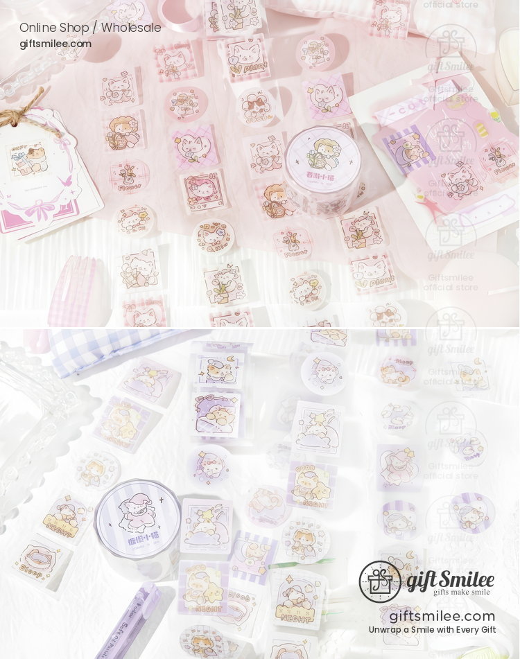 Pastelthemed sticker set with whimsical animal designs featuring pink and lavender tones ideal for journaling or crafts