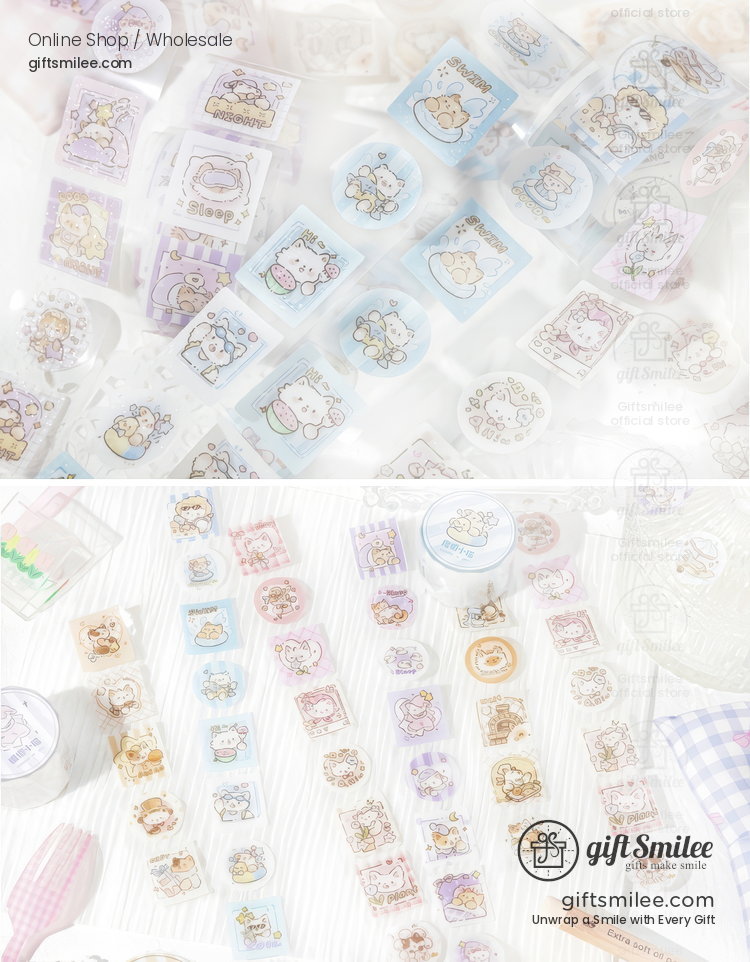 Pastelthemed washi tape rolls with adorable animal illustrations including bears and cats in soft blue purple and beige tones