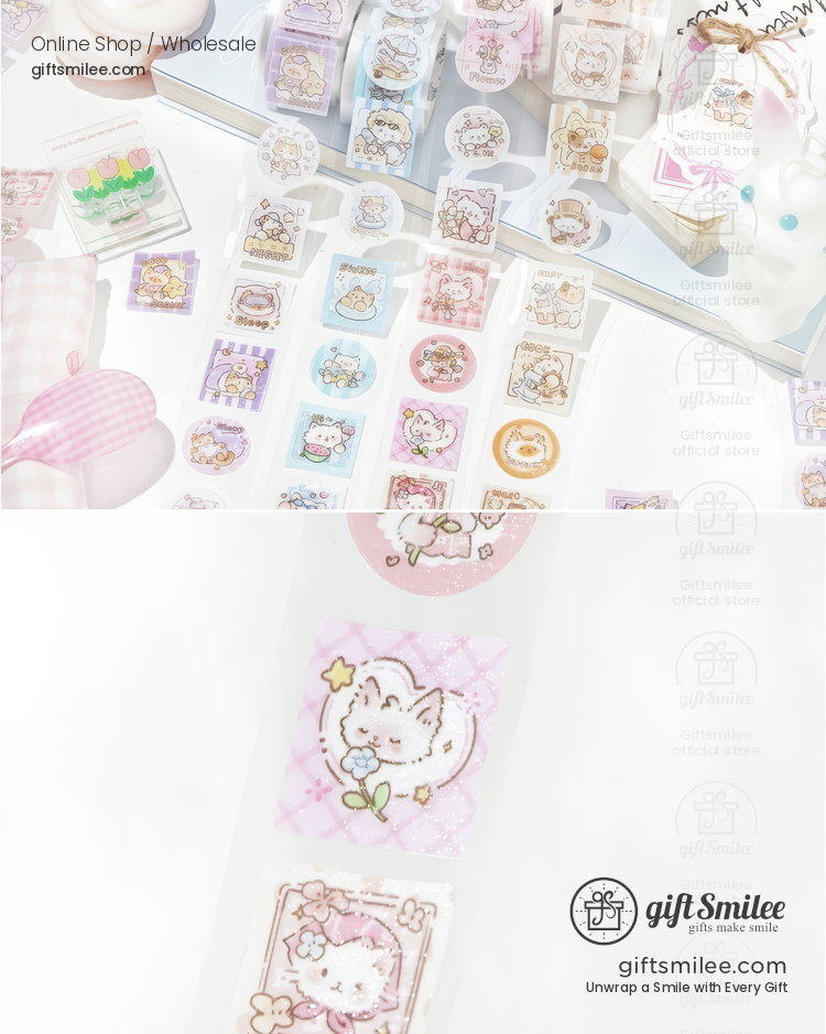 Pasteltoned decorative stickers with cute animal designs delicate floral patterns and glossy finishes on white background