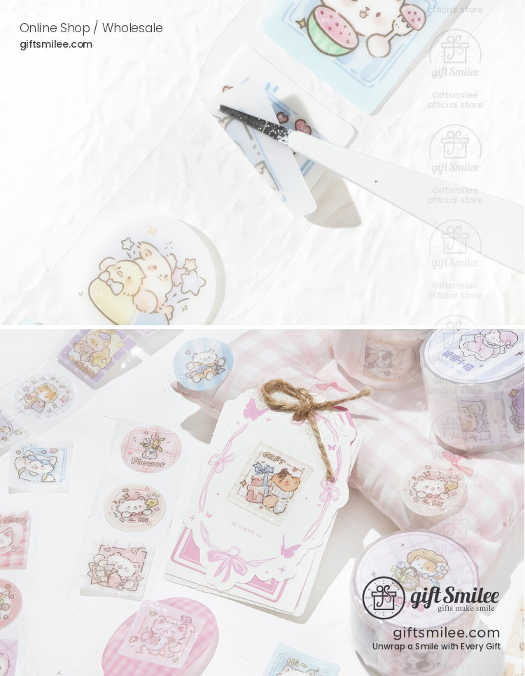 Pastelthemed sticker set with cute bear and animal illustrations decorative washi tape and pink gift tag accents