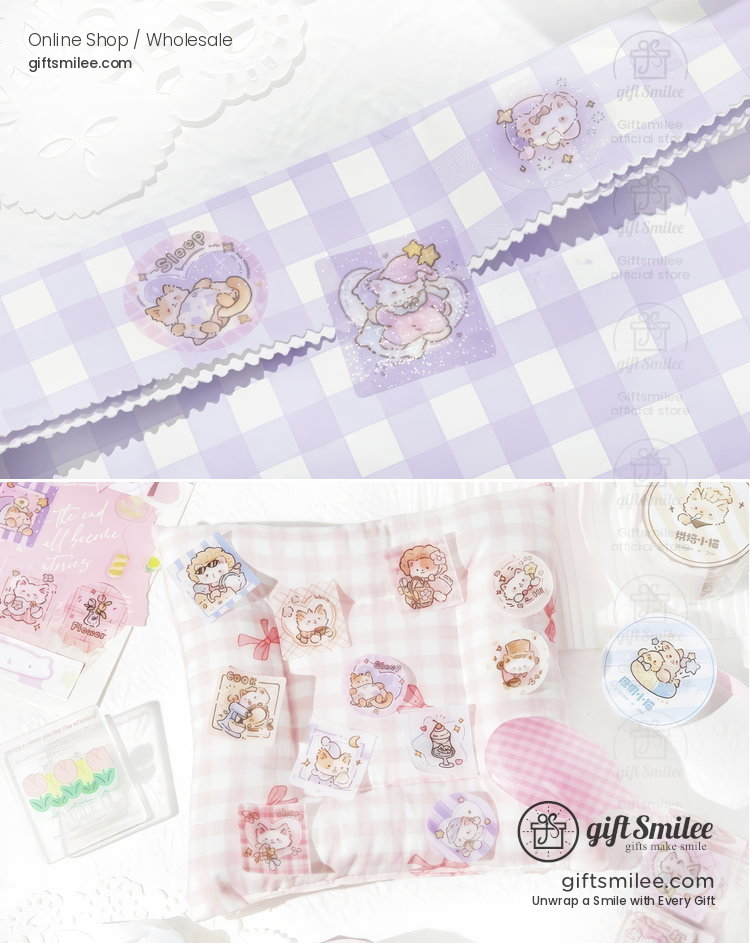 Pastel purple and pink checkered stickers with whimsical animal designs featuring scalloped edges and playful details