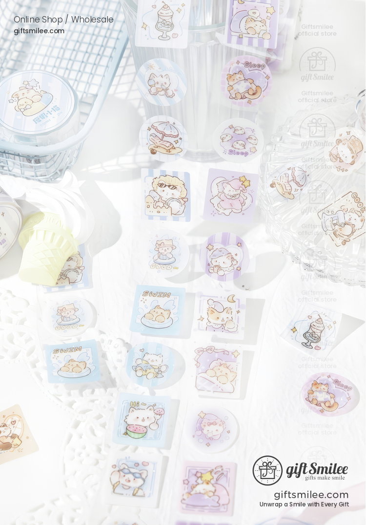 Pastelthemed cartoon animal stickers in blue purple and beige tones displayed on a lace surface with glass decor