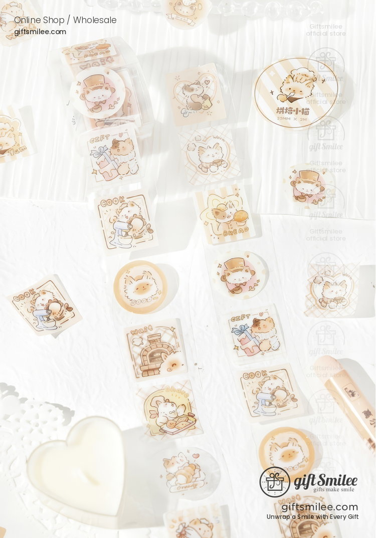 Transparent stickers with cartoon animal designs in beige and brown tones accompanied by a heartshaped candle