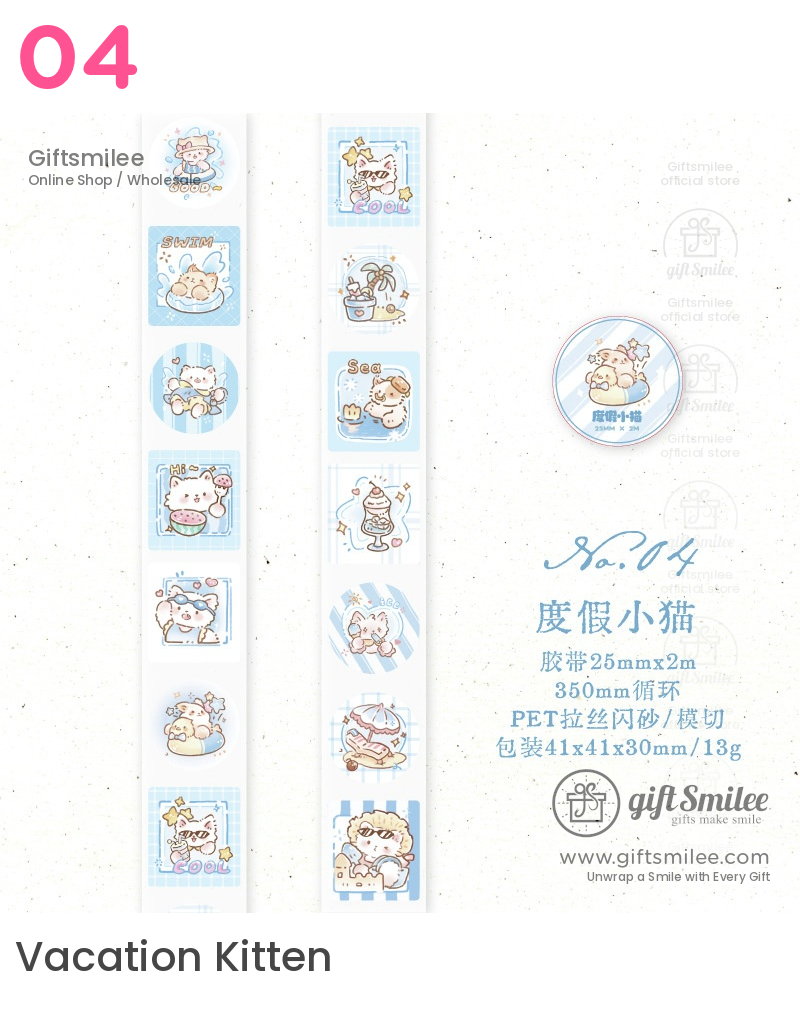 Cute pastel washi tape featuring cartoon cats in summer themes with soft blue accents and playful vacation motifs