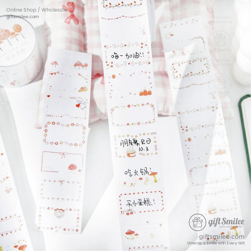 Pastel white decorative sticker rolls with cute handdrawn illustrations of mushrooms flowers and whimsical frames