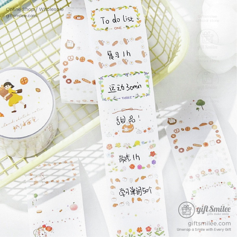 Decorative white washi tape with colorful floral bread and handwritten todo list illustrations ideal for journaling