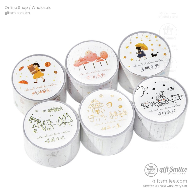 Six cylindrical white washi tape rolls with pastel illustrations of animals trees stars and playful designs