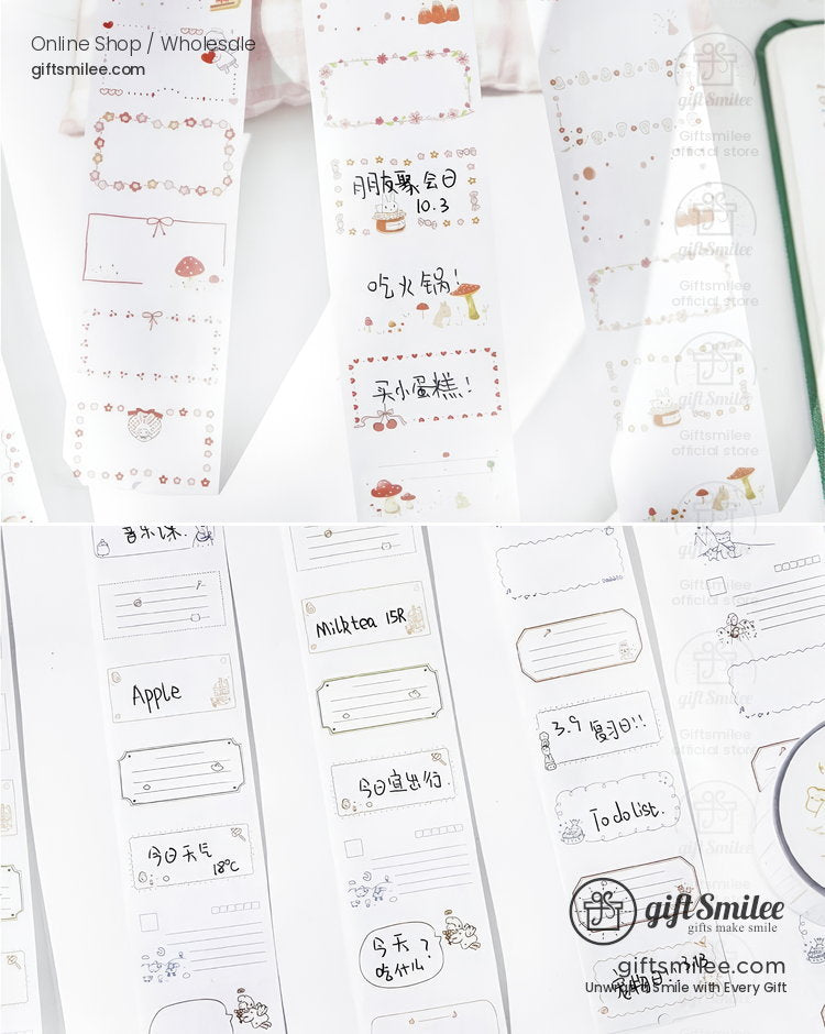 White paper sticker roll set with cute handdrawn designs pastel colors decorative borders and playful text labels
