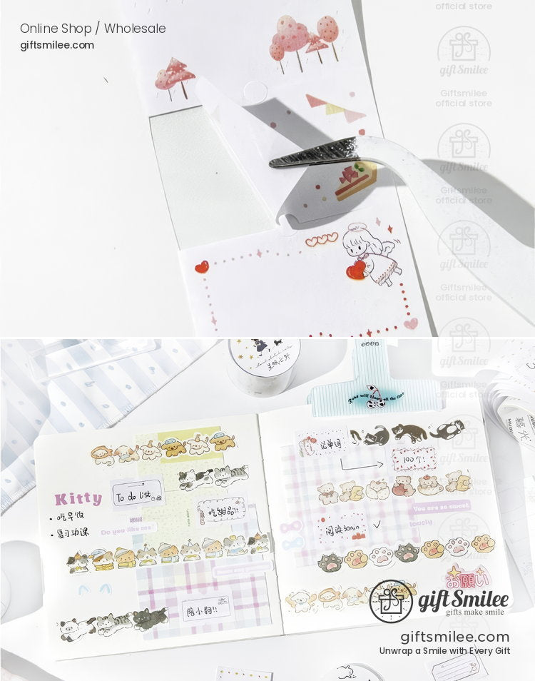 Pastelthemed stationery set with adhesive paper featuring cute animal illustrations hearts and decorative designs