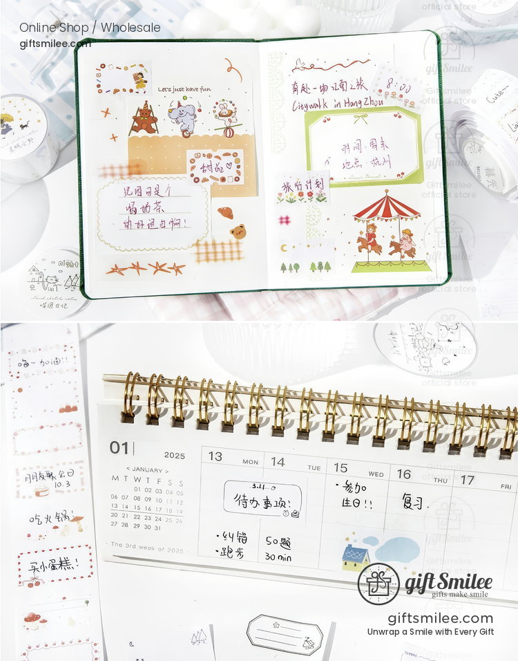 Colorful journal pages with green trim cartoon illustrations handwritten notes and a beige spiral planner beneath